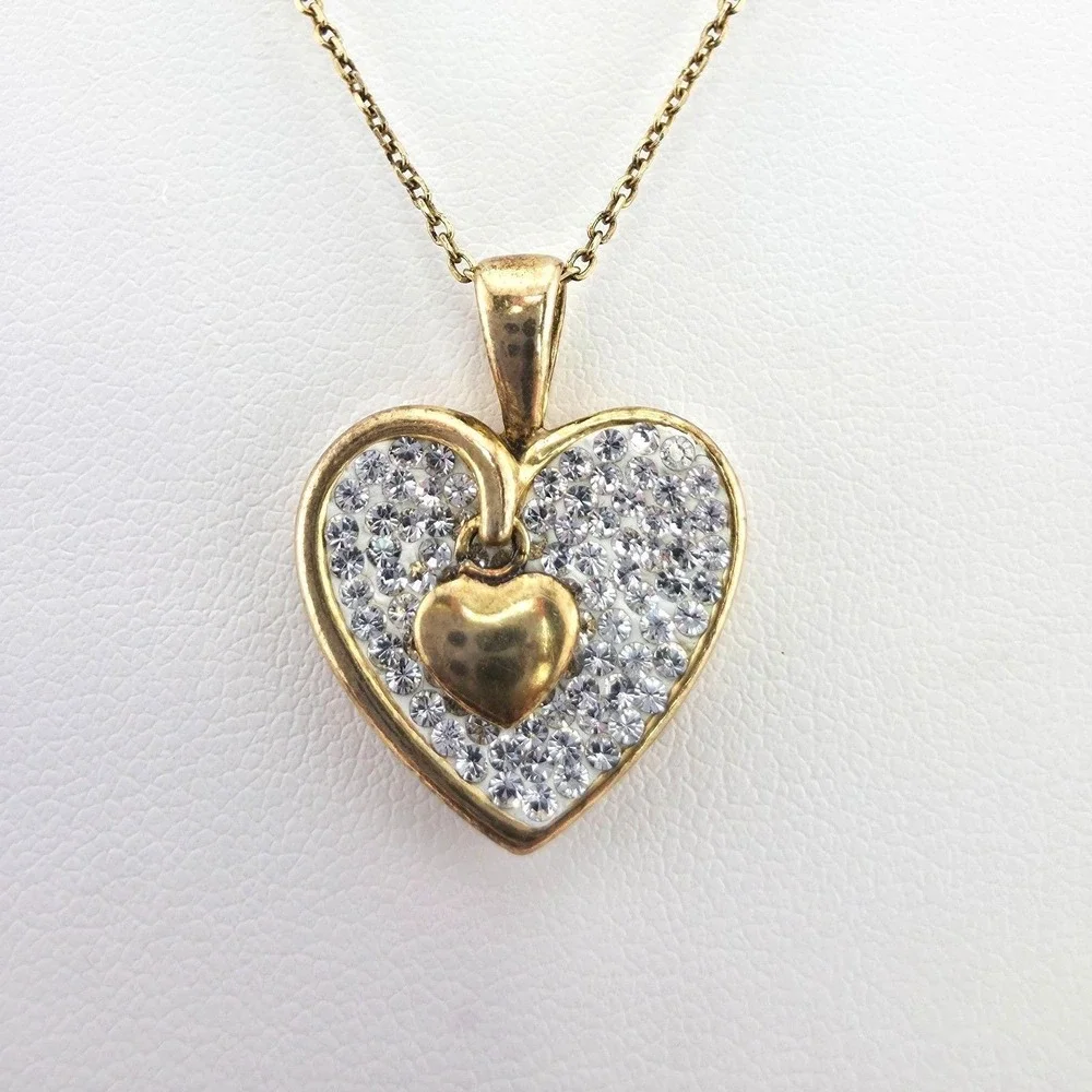 MOM JORDAN Heart Necklace 925 Sterling Silver Pave' Crystals Gold Overlay 18